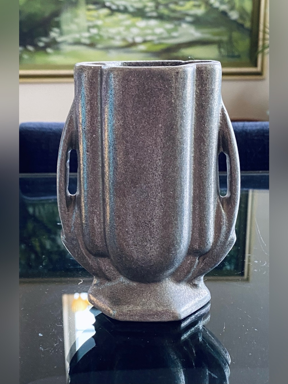 VTG Art Deco Pewter Silver Metal Double Leaf Handled Vase 5.5”
